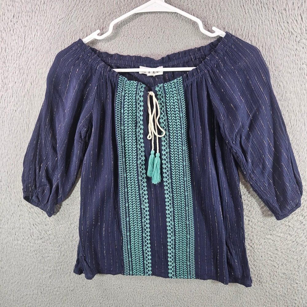 THML Navy Blue Gold Metallic Stripe Embroidered‎ Peasant Blouse XS Boho